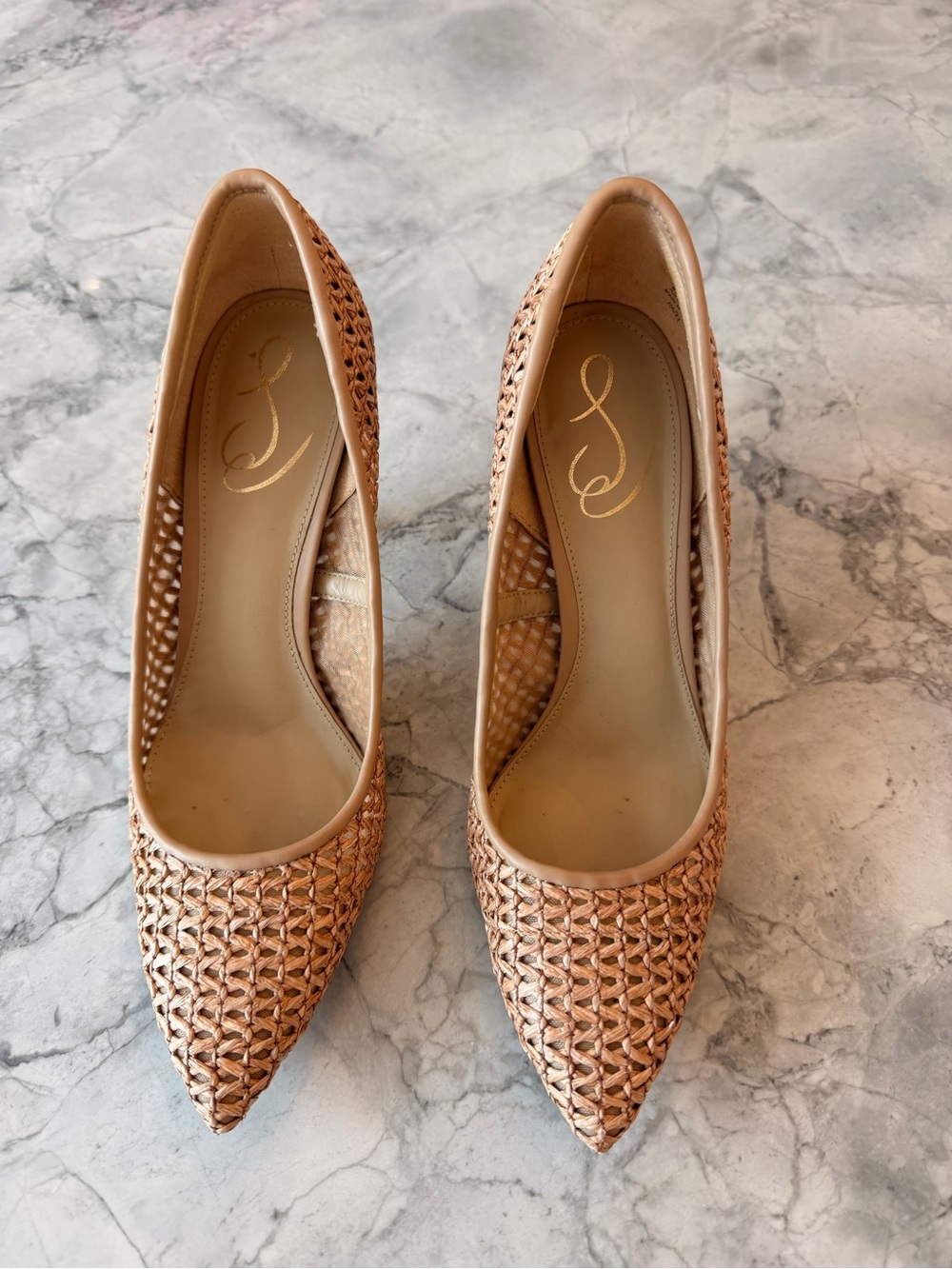 Sam Edelman Woven Pointed-Toe Heels in Light Brown
